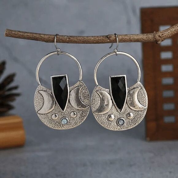Crescent Moon Onyx Moonstone Dangle Hoop Earrings - Picture 1 of 6